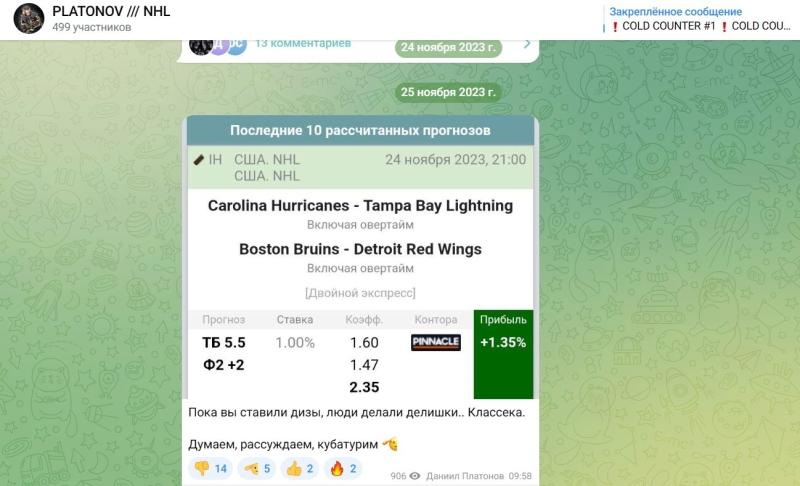PLATONOV / NHL — хоккейные прогнозы в Телеграмм, отзывы